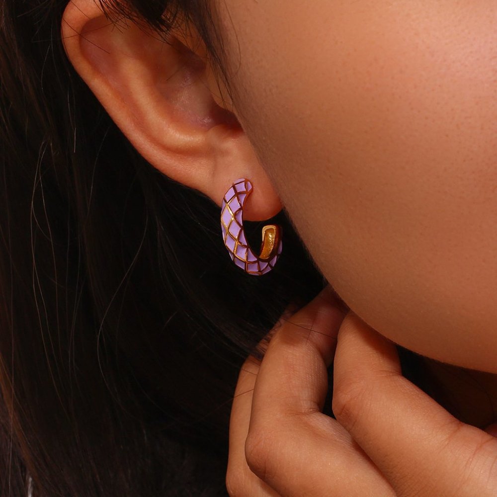 Lilac Purple Enamel Geometric Pattern Hoop Earrings 18K Gold Plated Stainless - Picture 3 of 11
